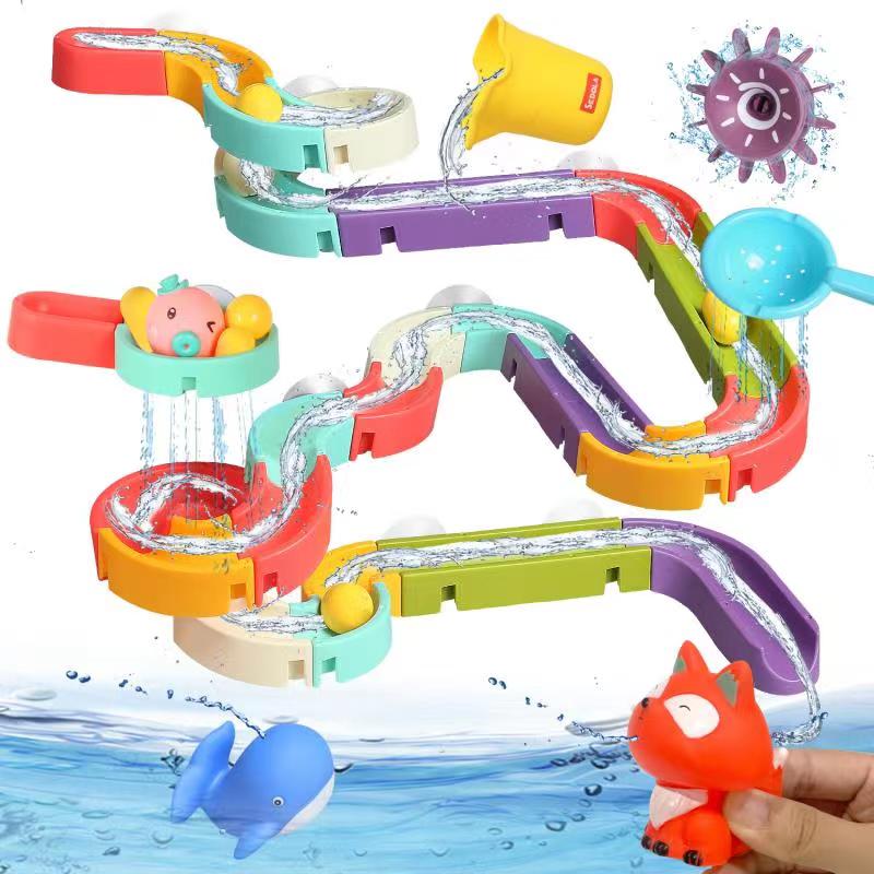 Juego de 56 piezas de juguetes para el baño Juego de juguetes vibrantes para la hora del baño: toboganes de agua coloridos y adorables amigos animales para una diversión llena de salpicaduras.