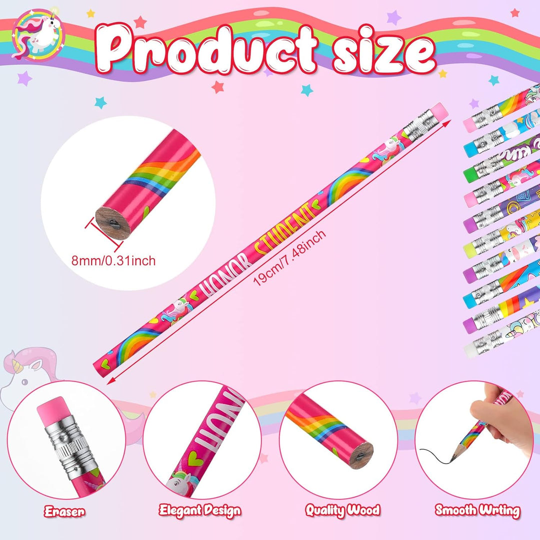Rainbow Unicorn Fantasy Pencils - Colorful Writing Delight with Erasers, Pack of Whimsy for Creative Minds