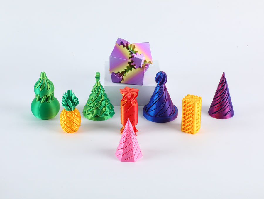 Assorted 3D Printed Decorative Shapes – Geometric Cube, Pineapple, Cone & Tree Collection for Desk Decor
