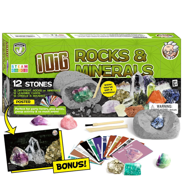 [EDM038]Dig Up 12 Gem Blocks & Discover 12 Unique Real Rocks - Educational Toy Set for Kids